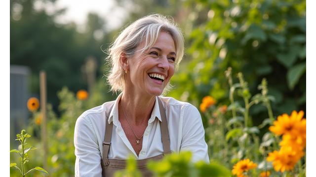 Emma, a member, smiling with her gardening hobby