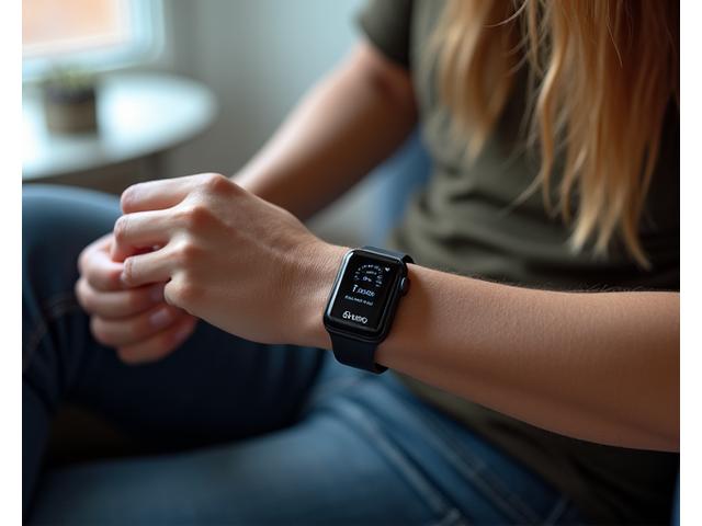 Wearable fitness tracker on a wrist, displaying health data