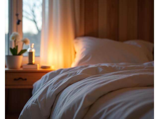 Peaceful bedroom setting with soft lighting