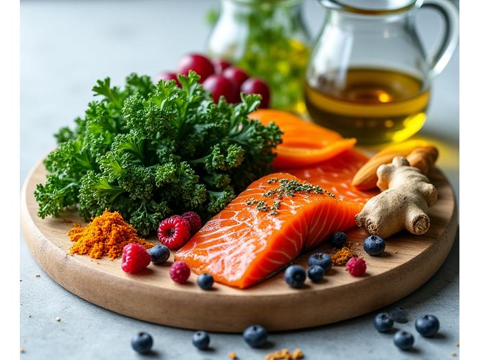 An array of colorful anti-inflammatory foods: leafy greens, turmeric, ginger, berries, salmon