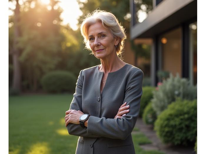 A mature adult confidently engaging with wearable tech to monitor health, with abstract data visualizations around them