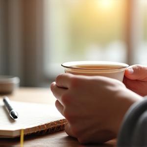 A person peacefully meditating during a morning ritual, with natural light