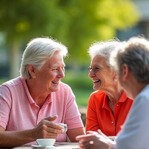 Two mature friends laughing together over coffee, symbolizing social connection
