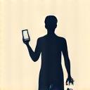 Icon representing digital balance, a person balancing a phone and a book.