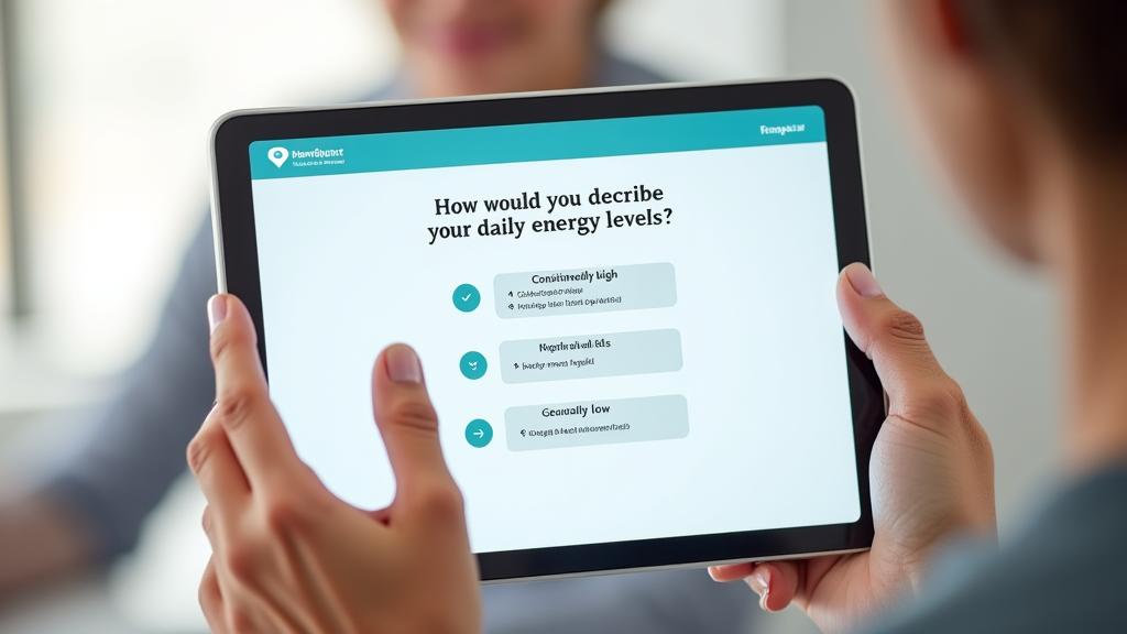 Interactive screenshot of Coral Compass's personalized lifestyle assessment, showing a question asking about daily energy levels with options like 'consistent', 'fluctuates', 'low', on a clean interface.