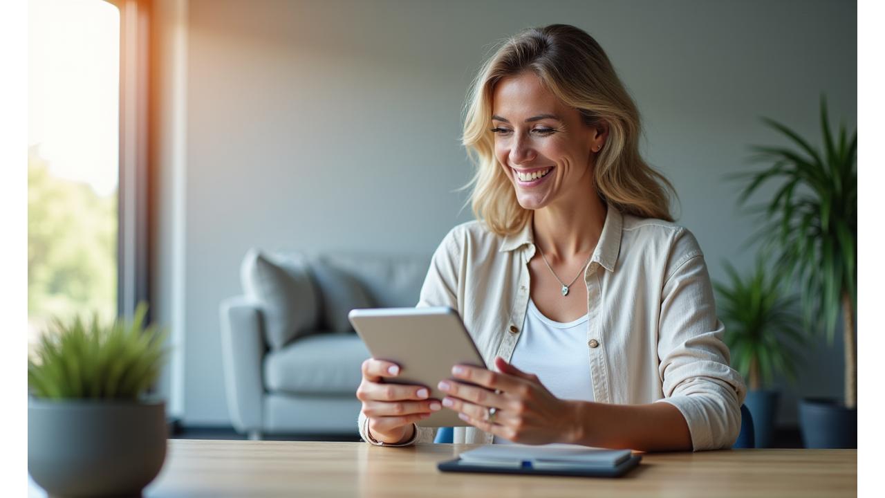 Woman in her late 30s smiling confidently while looking at a personalized digital wellness dashboard on a tablet, surrounded by subtle glowing data visualizations. Half of the screen shows a chaotic, generic wellness plan, the other half shows a streamlined, tailored plan.
