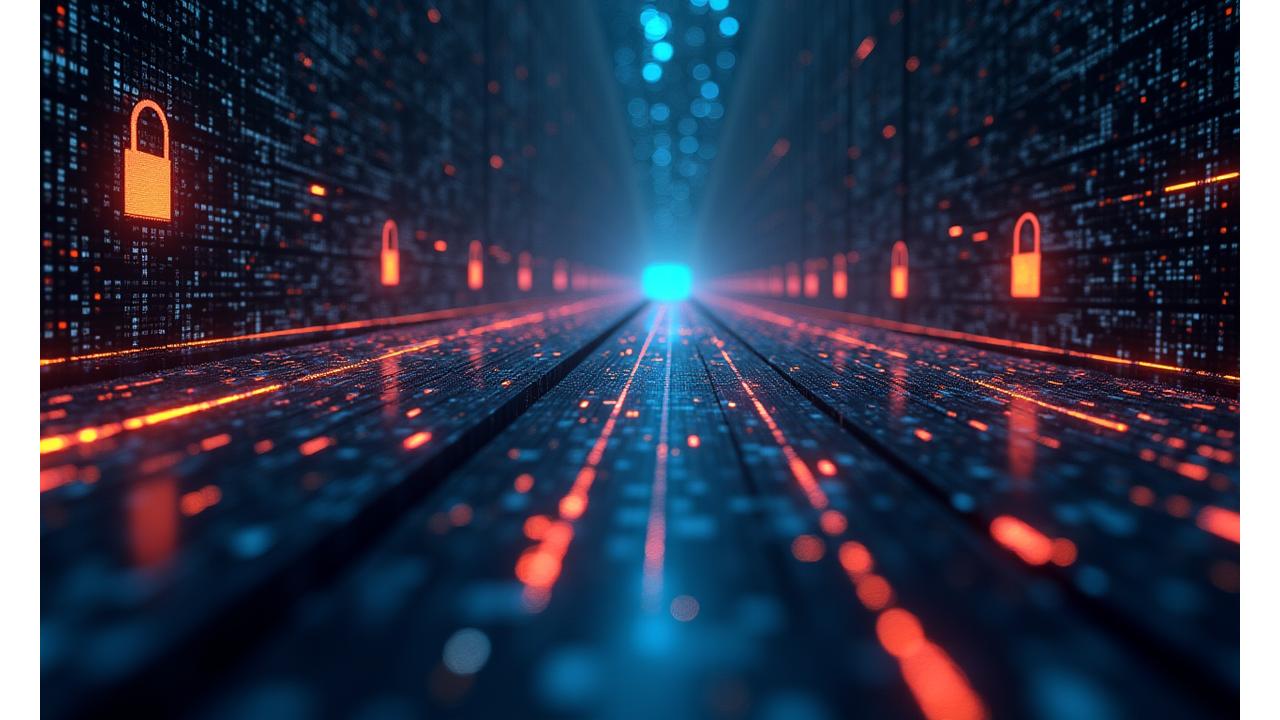 A visual representation of encrypted data flowing securely through protective layers, with digital locks and shields, emphasizing strong digital security for wellness data.