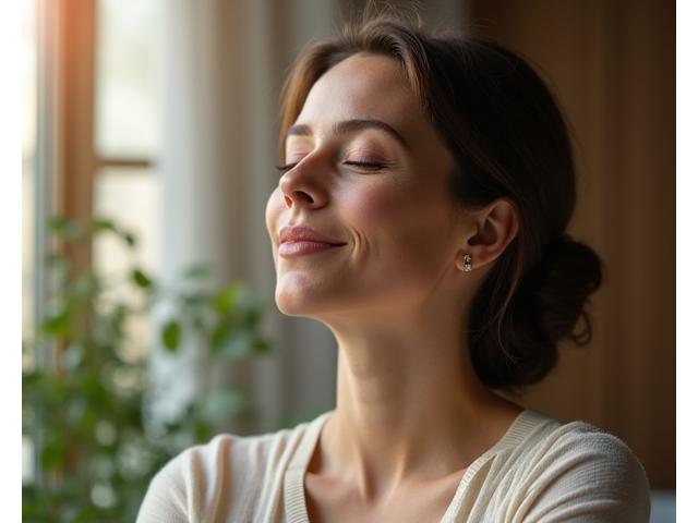 Woman enjoying peaceful moment, eyes closed, reflecting relief and calm, illustrating effective stress management