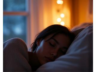 Peaceful bedroom setting with soft lighting, indicating evening relaxation and rest