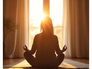 Sunlight illuminating a person meditating, symbolizing a calm start to the day