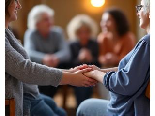 Diverse group of adults in a supportive circle, representing group therapy or community